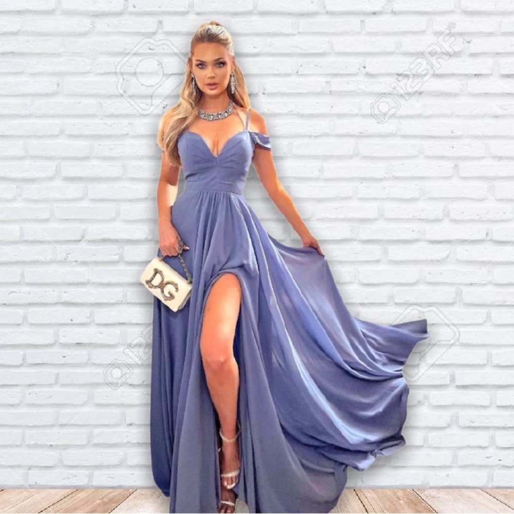 New Woman’s Blue We Go Together Embroidered High Slit Prom Brides Maxi Dress - Picture 8 of 17